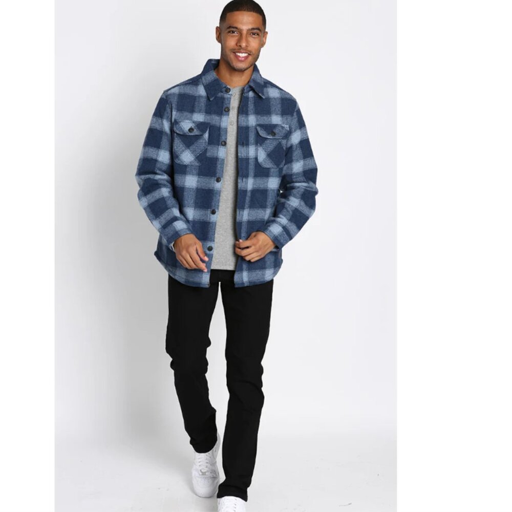 Jachs Men's Blue Plaid Wool Blend Sherpa Lined Shirt Jacket - Picture 5 of 5